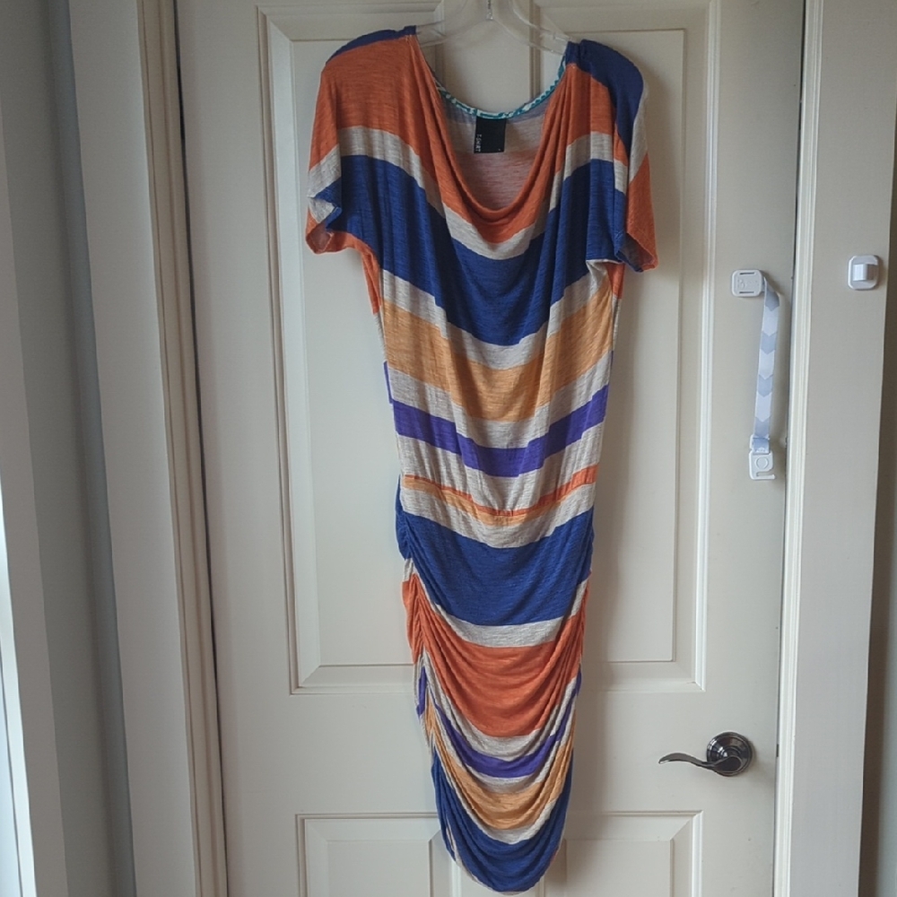 dolan Orange, Blue, Purple & Cream Striped Draped Dress